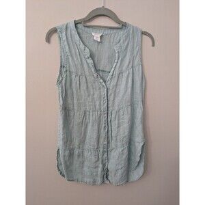 Sigrid Olsen 100% Linen Sleeveless Tank Top Tunic Shell Button Up Blue Ruffle S